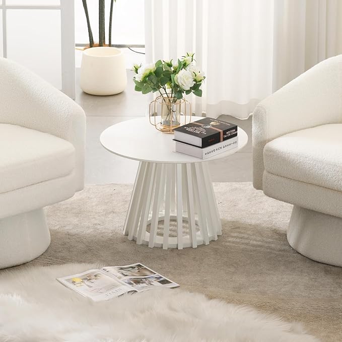LukeAlon 24" Round Coffee Table, Mid Century Modern Wooden Center Table with Columnar Wood Strips Base Sofa Side Table Circle Tables for Living Room Small Space, White