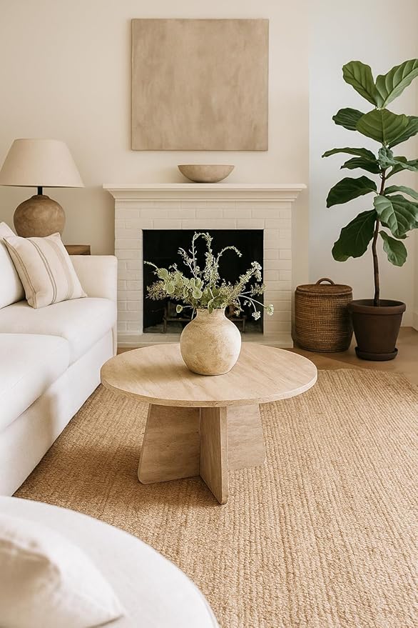 Travertine Efect Coffee Table Modern Side Table for Living Room Accent Table for Sofa or Bedroom (28.3x28.3x16.5 inches)