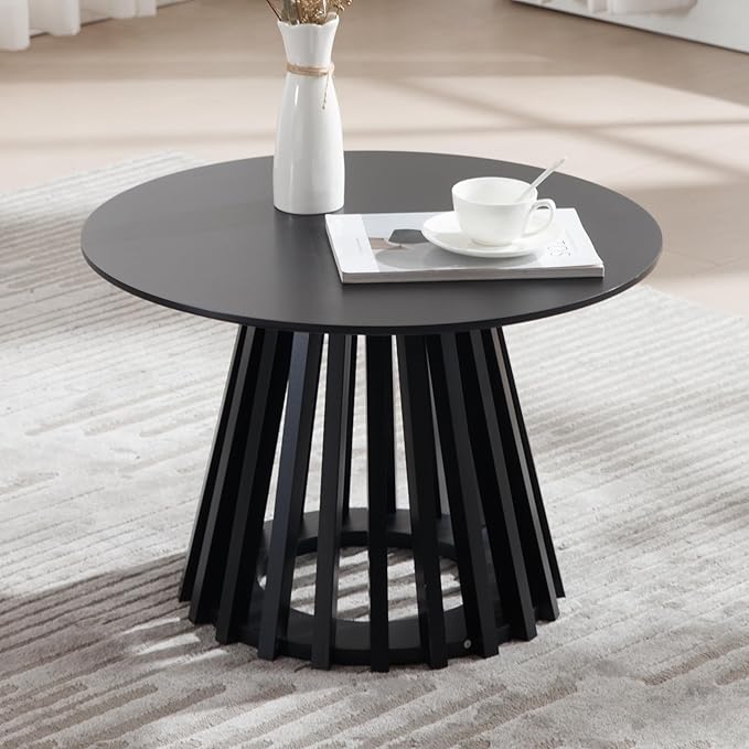 LukeAlon 24" Round Coffee Table, Mid Century Modern Wooden Center Table with Columnar Wood Strips Base Sofa Side Table Circle Tables for Living Room Small Space, Black