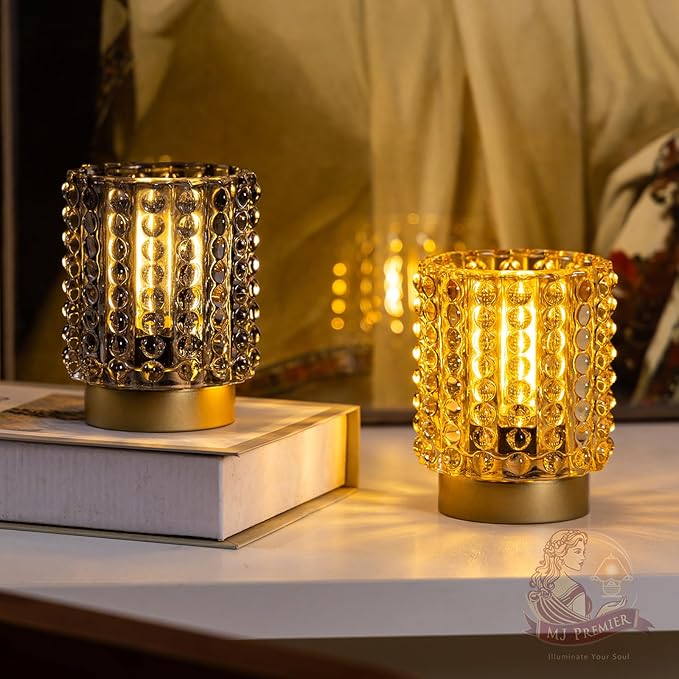 Battery Operated Lamp with Timer, Mini Crystal Table Lamps for Home Decor, Small Cordless Lamp for Areas No Outlets, Glass Battery Powered Lamps for Entryway, Bedroom, Bathroom, Shelf, Corner(Gray)