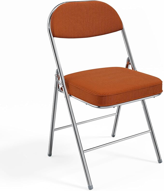 VINGLI Folding Chairs with Padded Seat & Backrest, Metal Frame, Durable Corduroy Fabric, 350 lbs Capacity, Set of 1, Orange – Ideal for Weddings, Parties, Office Events