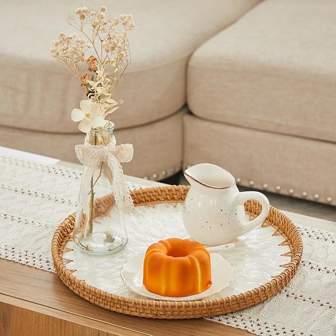 Shellac Rattan Tray with Mother of Pearl Inlay, Round Decorative Serving Tray for Home Décor Coffee Table Storage and Display, 100% Natural Materials-Ottoman Tray - White 12"