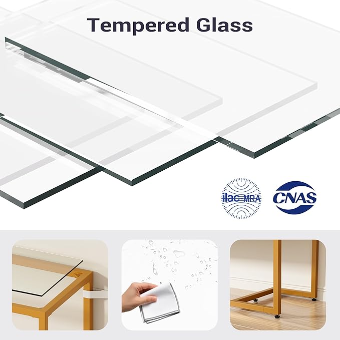 Console Sofa Table, 52" Modern Entryway Table, 2-Tier Open Shelf with Tempered Glass, Metal Frame Behind Couch Table with Gold Metal Frame for Living Room Hallway Entrance, White