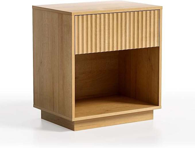 Fluted End Table with Drawer, Modern Wooden Nightstand Bed Side Table with Storage Shelf Bedside Night Stand for Bedroom Living Room Sofa, Natural Oak