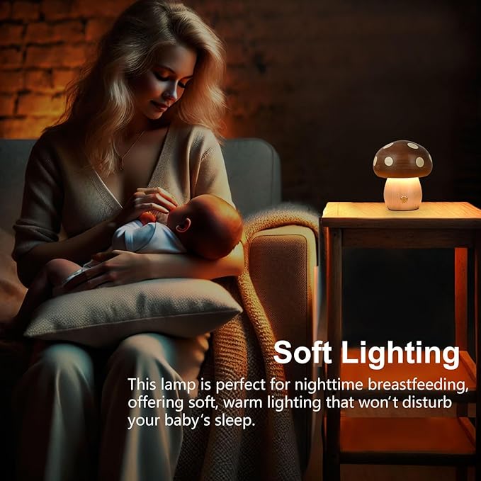 Wood Mushroom Lamp, Rechargeable Small Bedside Lamp, Touch Mushroom Night Light Small lamp for nightstand, Portable Battery Operated Lights for Bedroom Kids Birthday Gifts