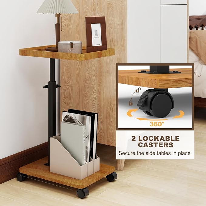 C Shaped End Table Adjustable Height, Couch Tables That Slide Under with Wheels, 360° Swivel C Side Table for Couch, Sofa, Living Room, Bedroom, Small Spaces (Wooden Veneer)