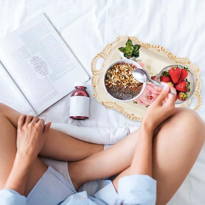 Art Trays Melamine Serving Tray, 3 Pack Stackable Food Tray, Large Platter with Handle for Eating, Unbreakable Large Serving Platter with Floral Print (15 x 10.2 x 1.3 Inches)