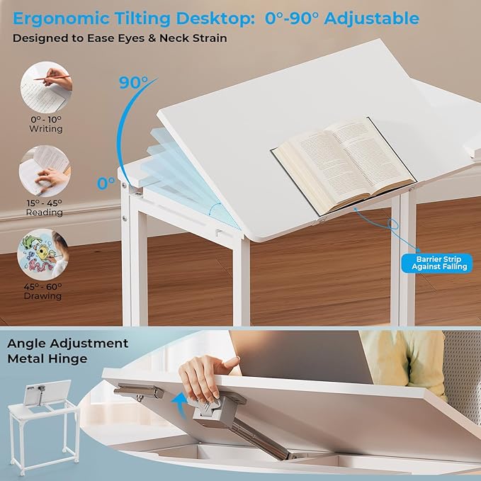 GreenForest Folding Desk with Adjustable Tiltable Desktop 0-90°, 31.5 inch Small Desk with Wheels, Rolling Drafting Table for Laptop, Reading, Writing, Drawing, Work, White