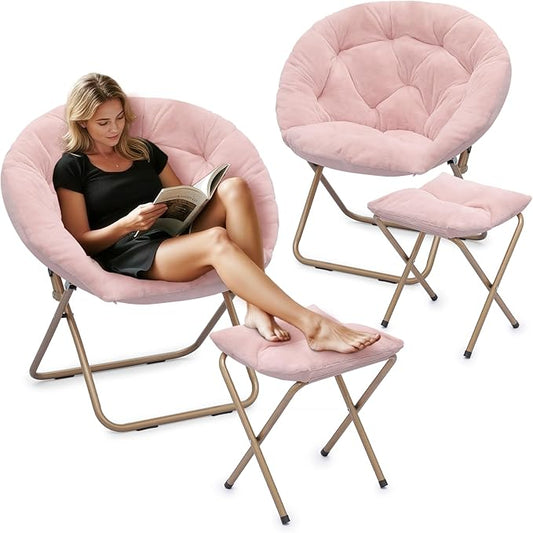 Athena Collection Saucer Chair with Ottoman Comfy Chair for Bed Room Living Room Folding Round Cozy Chair Faux Fur Metal Frame Foldable Lazy Chair Accent Chair Reading Chair Set of 2, Pink