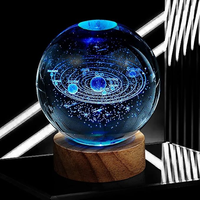 3D Solar System Crystal Ball Lamp with 16 Colors LED Wooden Base, Upgraded 3.15 Inch Solar Night Light with Remote Control, Home Decor Living Room Office Bedroom Lamp