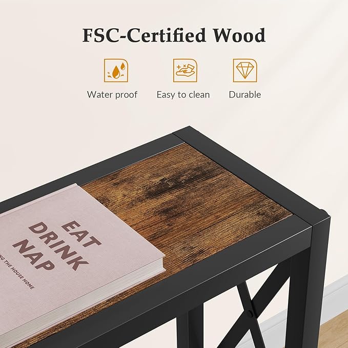 41.8" Console Table, Narrow Behind The Couch Table with Outlet, Industrial Skinny Stand for Hallway, Entryway, Living Room, Bedroom, 6.5 Feet Power Cord,Rustic Brown