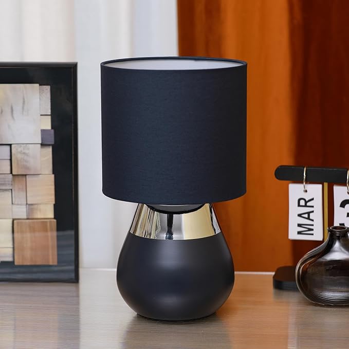 Small Modern Touch Eye Protection Bedside Table Lamp, 7 x 7 x 12 Inch Dark Blue Metal Base Table Lamp for Bedrooms and Office (Dark Blue Fabric Lampshade)