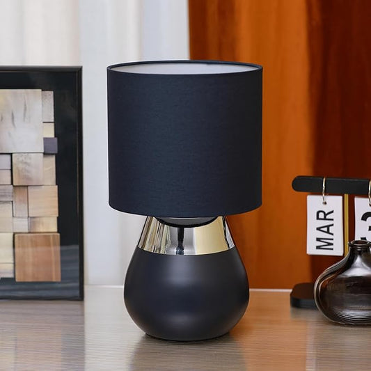 Small Modern Touch Eye Protection Bedside Table Lamp, 7 x 7 x 12 Inch Dark Blue Metal Base Table Lamp for Bedrooms and Office (Dark Blue Fabric Lampshade)