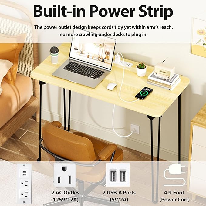 Mini Desk No Assembly Required, 31.5" Small Desk for Bedroom with Power Outlet & Hairpin Legs, 31.5" Foldable Desks for Small Spaces & Home Office, Beige Floor Patten