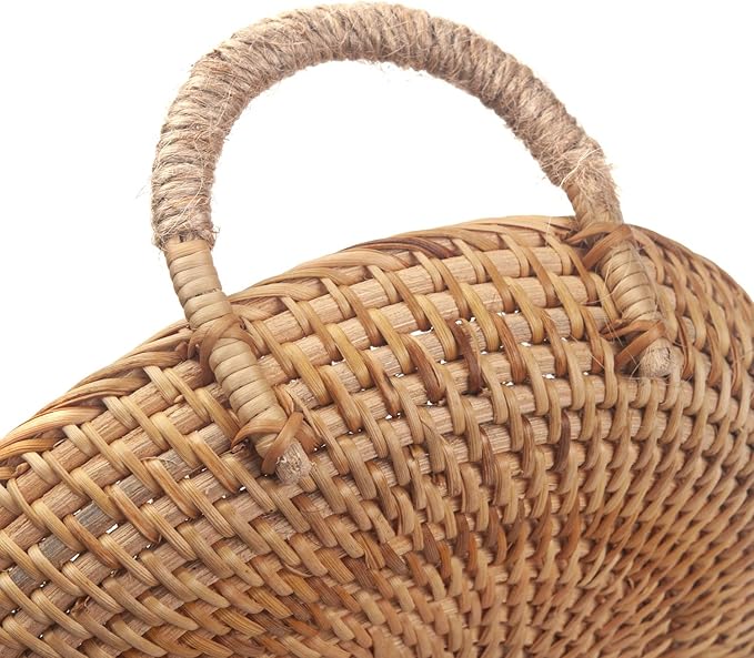 Rattan Round Fruit Basket for Table Wicker Bread Tray with Handle for Serving Food, Crackers, Snacks (11inch D x 1.8inch H)