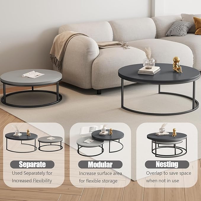 Round Nesting Coffee Table Set of 2, Modern Minimalist Accent Tables for Living Room, Bedroom, Office, Stackable Side Tables (Light & Dark Gray)