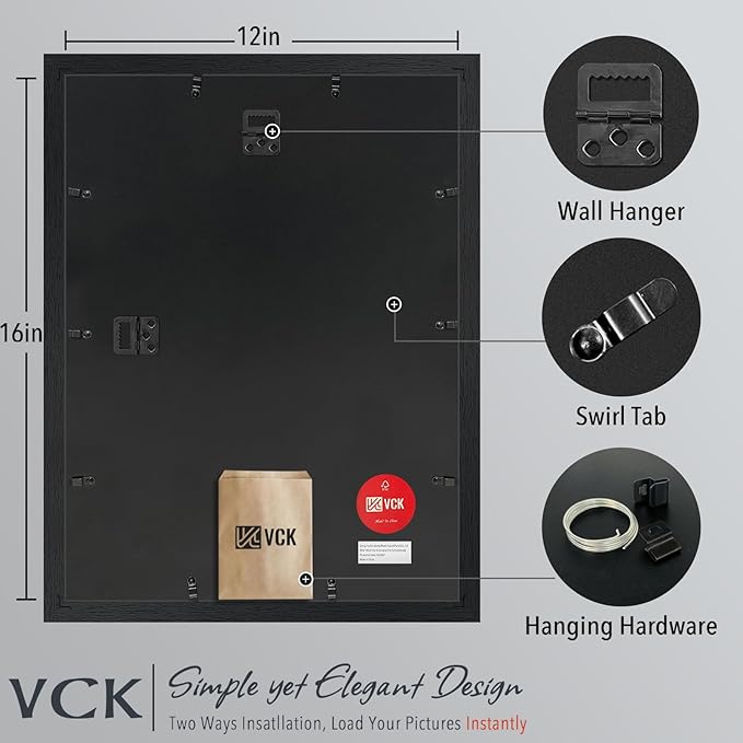 VCK 12x16 Picture Frame 5 Pack - Black, High-End Wood Poster Frames with Tempered Glass, Display 8.5x11 Photo with Mat or 12x16 without Mat, Art Gallery-Quality, Wall Hanging, Black