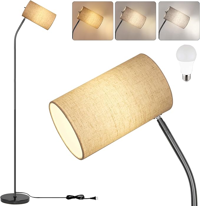 Arc Floor Lamp for Living Room with 9W 3 Color Temperatures Bulb Modern Reading Standing Lamps for Bedroom,Office,Living Room, LED Bulb Included (Beige/Black/3CCT)