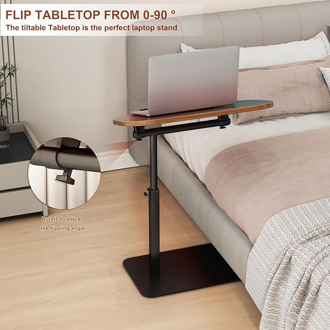 Solid Wood C Shaped Side Table for Sofa/Bed, Adjustable Height C Shaped End Table Metal Base, 360°Swivel/Flip Top Couch Tables That Slide Under, Small Spaces Laptop Stand Coffee Table (Walnut A)