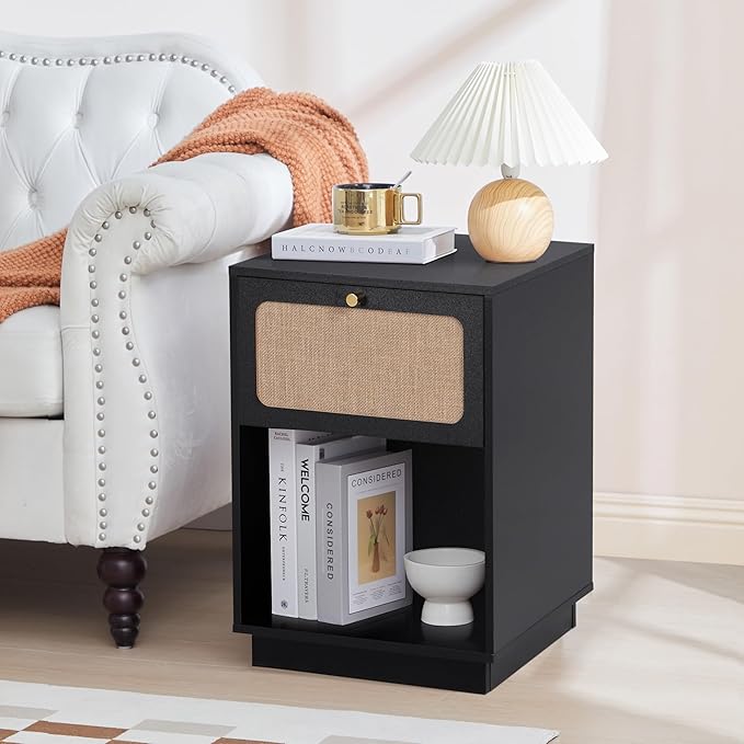 16" Wooden Night Stand with Drawer Linen Decor and Open Shelf, Modern Black Side Table, Small Bedside Table with Storage, Farmhouse Nightstand End Table for Bedroom Home Office, Living Room (Black)