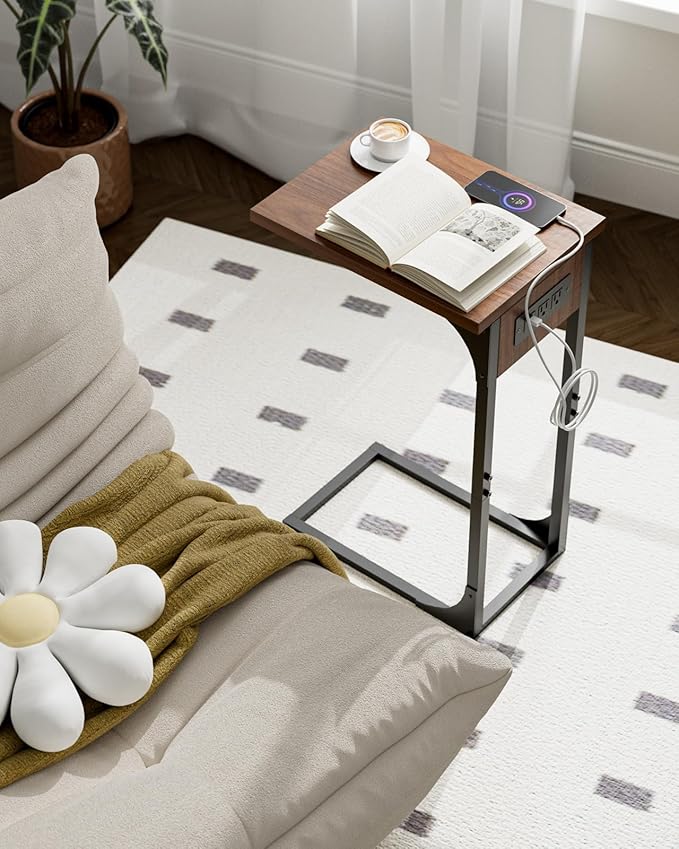 C-Shaped Side Table for Couch - Small Coffee Stand Sofa Tray Desk with Metal Frame Waterproof Scratch Resistant Wood Top and Built-in Charging Station, Rustic Walnut