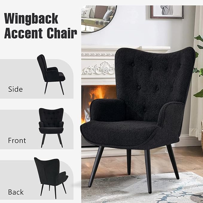 Furniliving Boucle Accent Chair for Living Room, Upholstered Reading Chair with High Backrest, Tufted-Button Wingback Armchair for Bedroom, Dressing Room, Home Office, Black, Set of 2