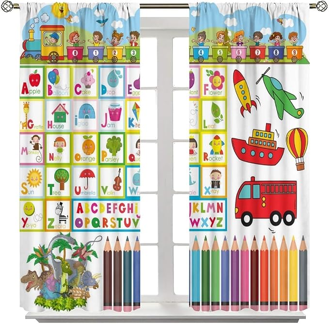 Alphabet Curtains，Numeration Table and Catoon Transportation Pattern Blackout Print Window Drapes for Kids Bedroom Living Room 42x63 Inch