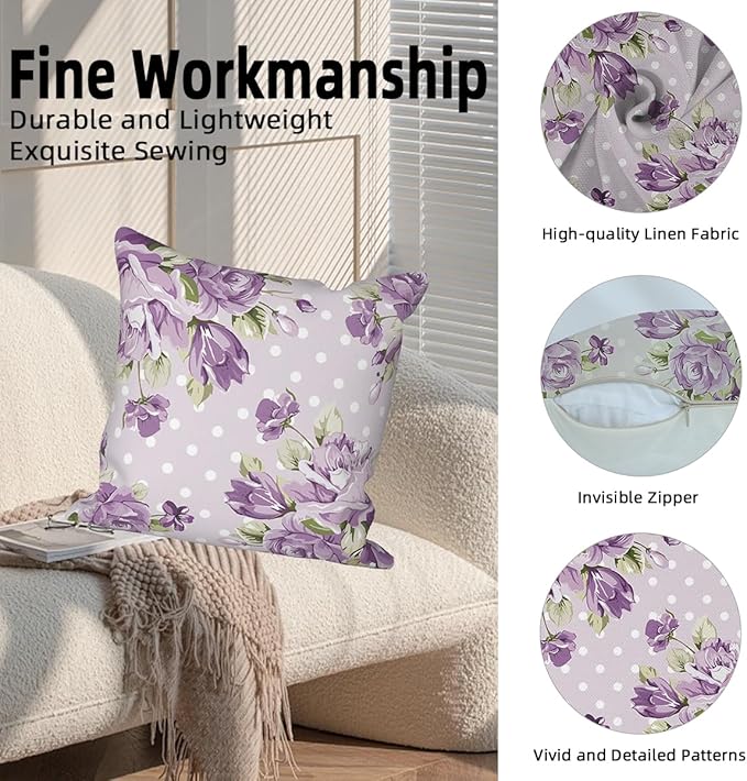 Purple Flower Throw Pillow Covers 16"x16" Set of 4, Vintage Floral Sofa Pillowcases for Chair Couch Bed Living Room Office Car Garden Patio Farmhouse Indoor Outdoor Decorative