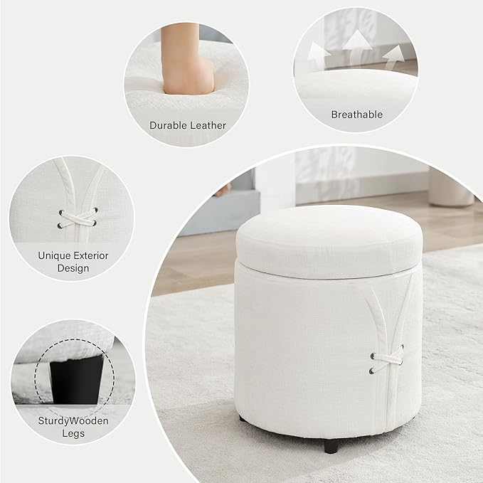 16.5 inch Tufted Small Round Storage Ottoman, Modern Upholstered Ottoman with Soft Padded Seat, Chic Round Vanity Foot Stool with Removable Lid,White