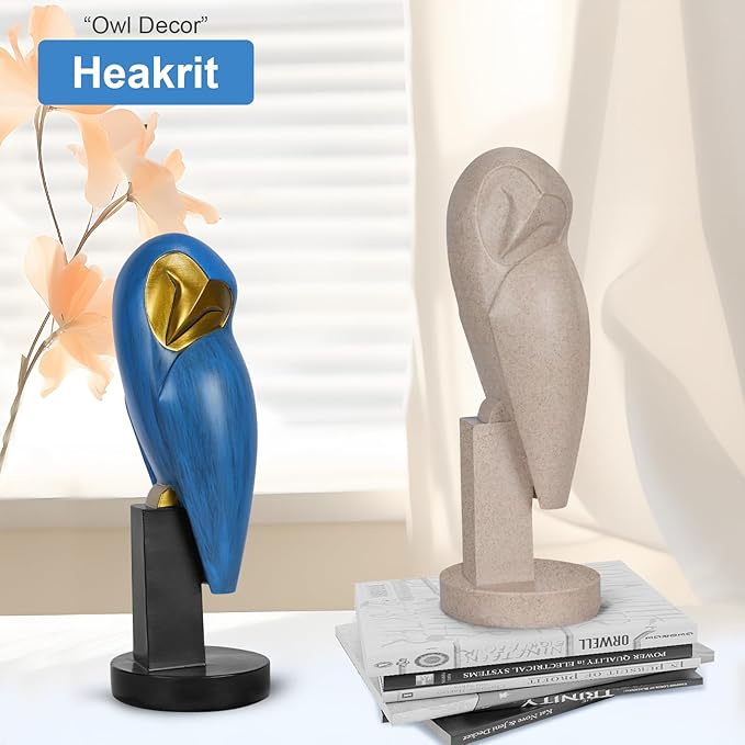 Owl Statue for Home Decor Accents, mid Century Modern Decor, Vintage Owl Figurines Gifts for Birds Lover, Handmade Vintage Sculptures for Living Room, Home, Office (Blue)