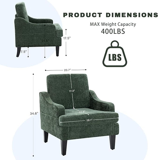 Accent Chair for Living Room,Mid-Century Arm Chair Chenille Living Room Chairs,Upholstered Reading Chair for Bedroom,Single Sofa Chair with Wood Legs for Apartment,Green