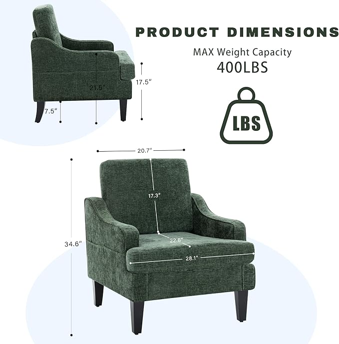 Accent Chair,Chenille Fabric Armchair for Living Room,Single Sofa Chair,Upholstered Chair for Bedroom with Wood Legs(Green,2Pack)