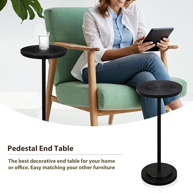 Drink Table, Carved Table Top Martini Table, Small Side Table, Weighted Base Pedestal Table for Living Room, Bedroom, Modern, Black, 1-Pack