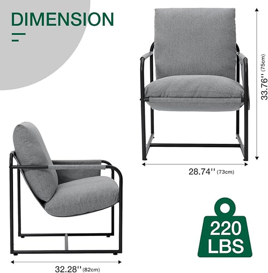 HOMMPA Sling Accent Chair Set of 2, Steel Frame Lounge Arm Chair Living Room Chair with Side Storage Pocket, Reading Accent Chair Mid Century Modern Bedroom Chair Linen Fabric Cover, Flax