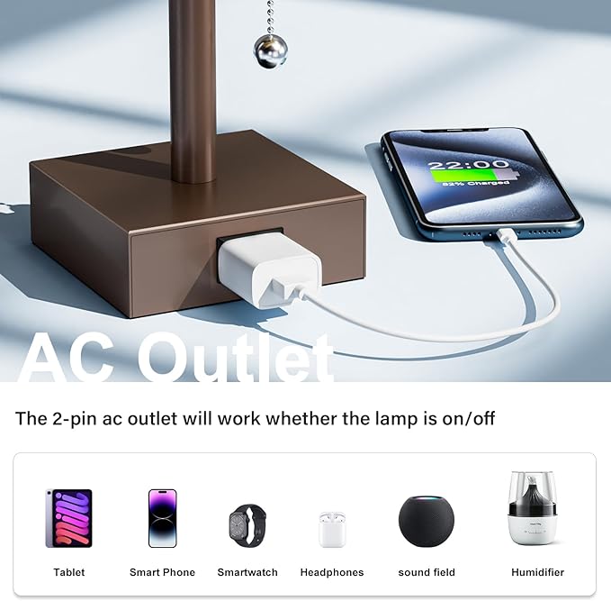 Bedside Lamps for Bedroom Set of 2 - Small Rectangular Nightstand Lamp with USB A C Charging Port, 3 Color Temperatures Desk Light with Bulb, Brown Tabletop Reading Lamp for Living Room/Dorm/Office