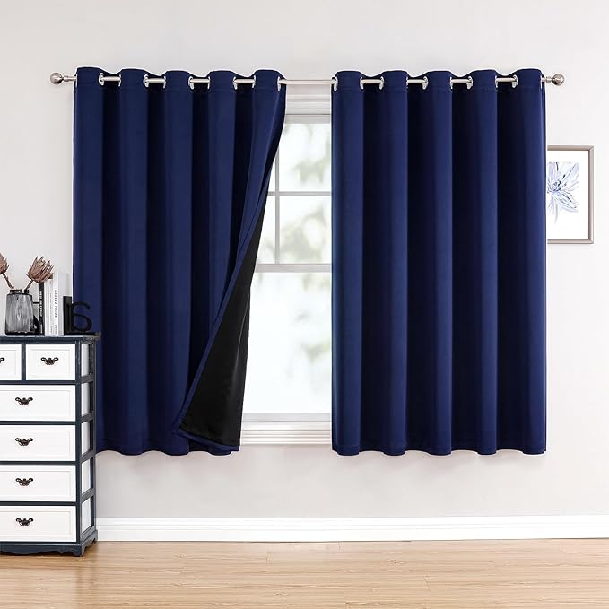 ChrisDowa 100% Blackout Curtains 63 inch Long for Bedroom with Black Liner, Extra Wide 2 Thick Layers Total Blackout Thermal Insulated Grommet Window Curtains 2 Panels Set (Navy Blue, 60 x 63 Inch)