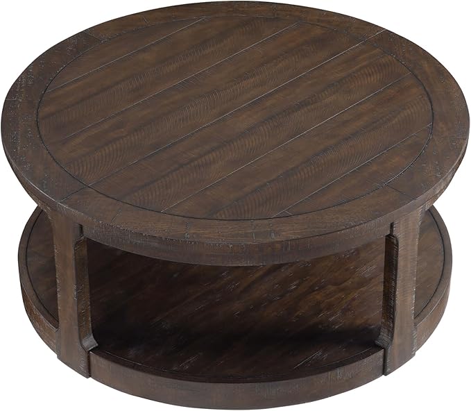 40'' Brown Round Coffee Table, Round End Table 2 Tier Wood Coffee Table Round Circle Coffee Table for Living Room, Traditional Retro Farmhouse Style Rounded Wooden Table for Office(ø40'' x 17.52'')