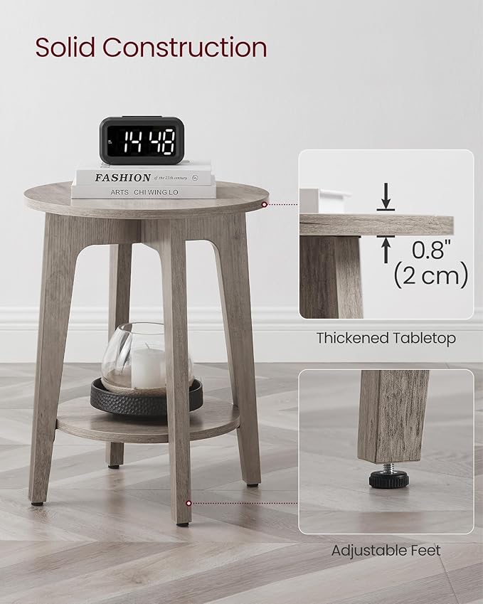 VASAGLE MAEZO Collection - Side Table, 2-Tier Small Round End Table, Nightstand with Tapered Legs, Curved Transitions, for Small Spaces, Living Room, Bedroom, Heather Greige ULET283T02