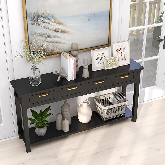 Console Table for Entryway with 4 Drawers, 60 Inch Long Foyer Table w/Open Storage Shelves and Handmade Metal Handle, Narrow Sofa Table for Living Room, Hallway, Black