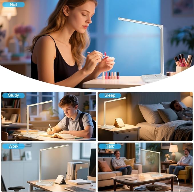 White crown LED Desk Lamp Dimmable Table Lamp Reading Lamp with USB Charging Port, 5 Lighting Modes, Sensitive Control, 30/60 Minutes Timer (White, First-Generation)