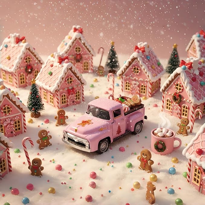 Pink Gingerbread Christmas Decor Vintage Farmhouse Metal Truck with Mini Fake Candy Cookie Box Ginger Bread Man Pastel Gingerbread Christmas Tabletop Decorations for Xmas Tray Holiday Mantel Kitchen