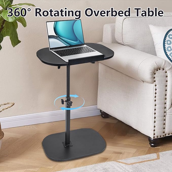 Side Table TV Tray for Couch,90° Tiltable Laptop Table Height Adjustable 360° Swivel C Shaped End Table for Small Spaces,Bedside Bathroom Living Room (Black)