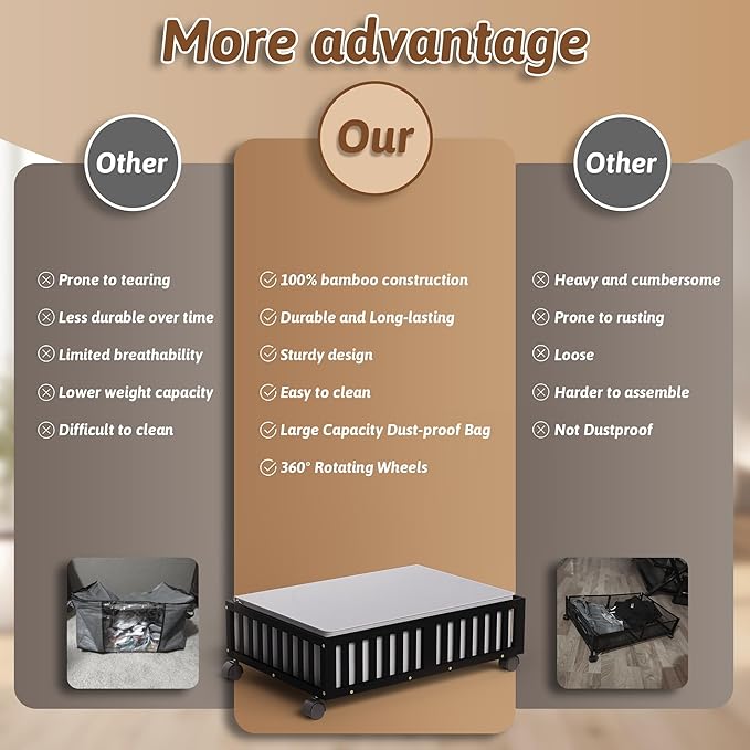 Bamboo Under Bed Storage Containers with Wheels, 2 Pack Under the Bed Shoe Storage Bins, Wood Rolling Underbed Drawers Organizer for Bedroom, Closet, Clothes Blanket Comforter and Under Crib Toy Black