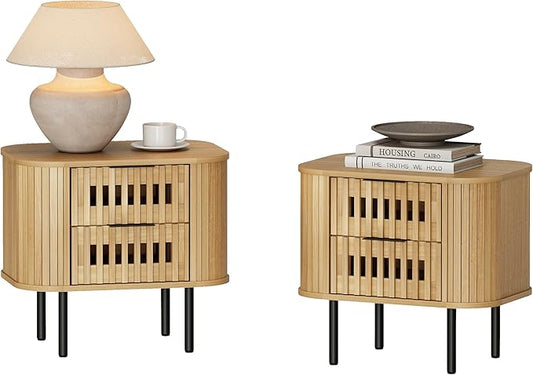WAMPAT Set of 2 Fluted Nightstands, Modern Wooden End Tables with Drawer, Storage Bedside Table for Bedroom and Living Room, Oak