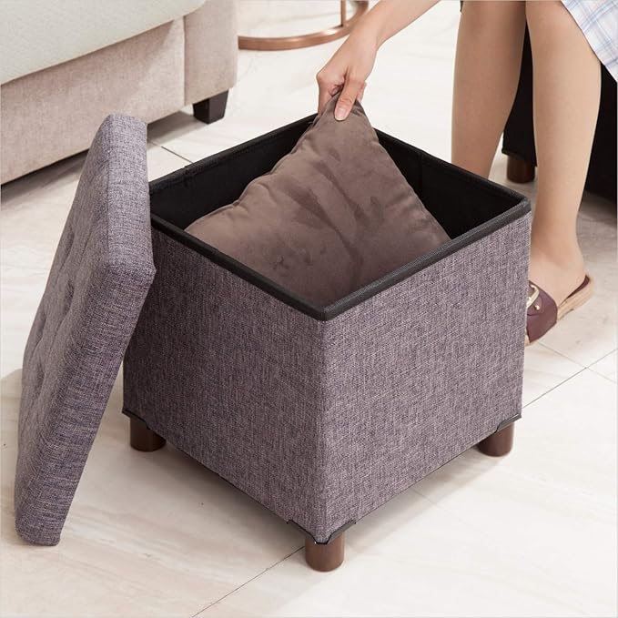 15 Inch Storage Ottoman with Wooden Legs - Cube Foot Rest Stool, Square Footstool, Comfortable Seat with Lid, Foldable Fabric Ottoman, Space-Saving Grey