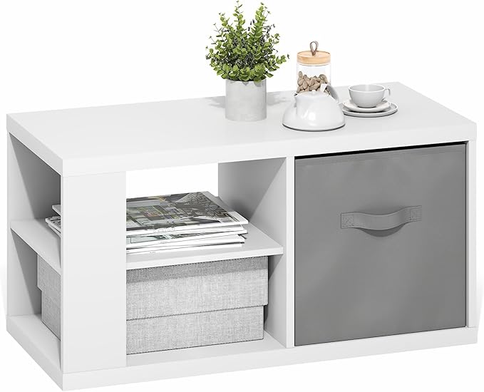 Furinno Viola Coffee Table, 3-Tier Modern Coffee Table with 1.2" Thick Tabletop, Side Table with Open Shelf and Storage Bin, for Living Room, Bedroom, Home Office, White/Light Grey