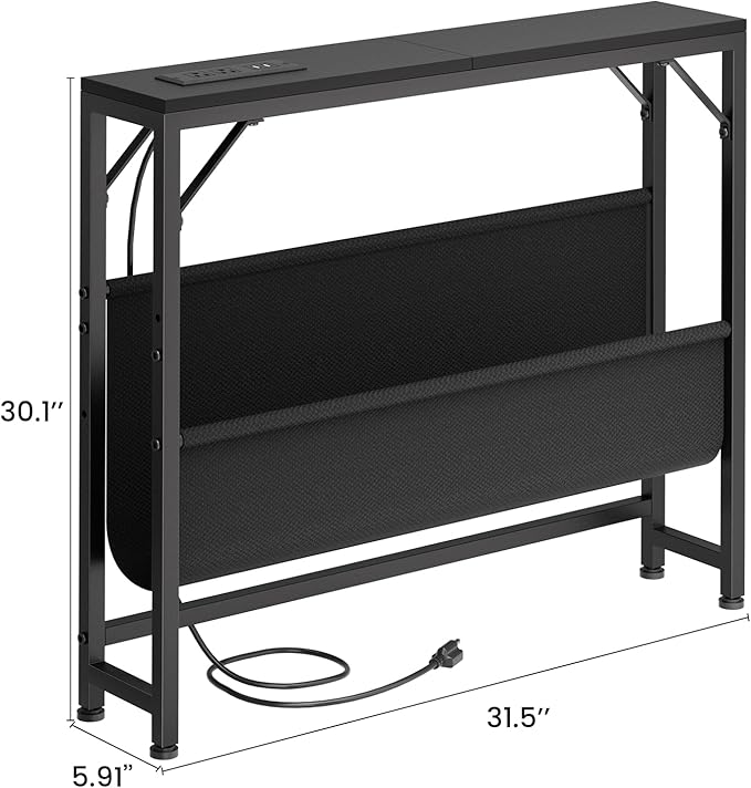 31.5'' Small Console Table with Charging Station and Storage, Entryway Table Narrow with Power Outlets and USB Ports, Skinny Sofa Table, for Living Room, Foyer, Entryway, Hallway, Black