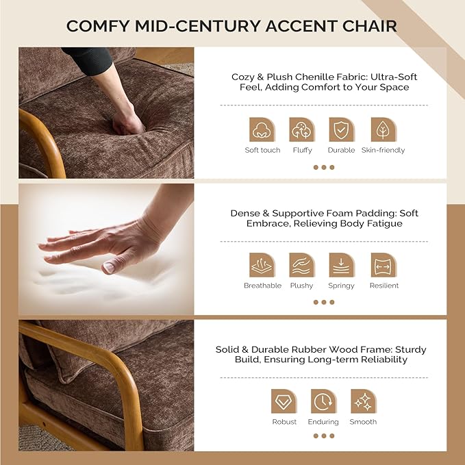 VINGLI Chenille Mid-Century Modern Accent Chair Set of 2, Cute Reading Arm Chair with Cushion & Lumbar Pillow & Solid Wood Frame for Lounge, Living Room, Reading Room, Bedroom, Espresso