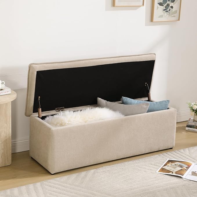 CIMOTA Storage Ottoman Bench, Upholstered End of Bed Storage Bench with Safety Hinge, Large Storage Chest with Seating, Modern Entryway Bench for Bedroom, Living Room, Chenille Oatmeal