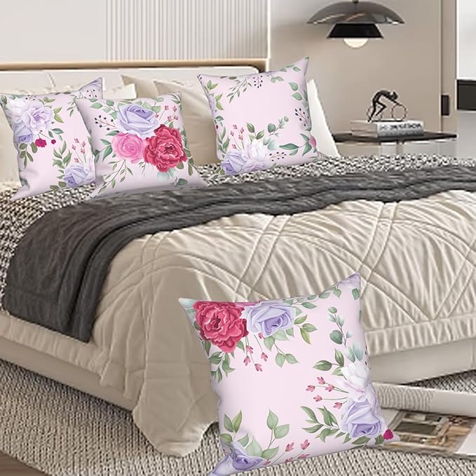 Purple Floral Throw Pillow Covers 26"x26" Set of 4, Spring Countryside Flowers Couch Pillowcases Decorative Square Cushion Covers for Chair Sofa Bed Living Room Garden Car Indoor Outdoor